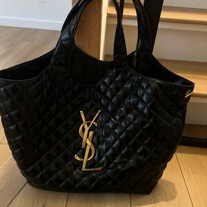 Saint Laurent Black Quilted Leather Tote with Gold YSL Emblem